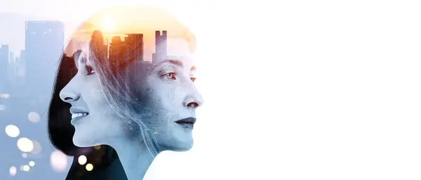 A profile image of a woman with a cityscape superimposed, illustrating a double exposure effect on a light background, conveying a concept of idea and partnership