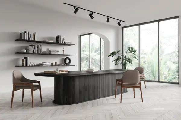 角落的白色居家客厅内部与餐桌和椅子 架子与装饰硬木地板 热带地区的全景窗口 3D渲染 图库图片