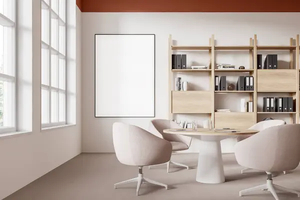 米色会议内部有柔软的椅子和桌子 地毯在地板上 有时尚家具和全景窗户的会议空间 模拟空间帆布海报 3D渲染 图库照片