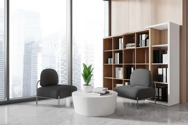Corner View Business Interior Two Armchairs Relaxing Waiting Space Coffee Stock Photo