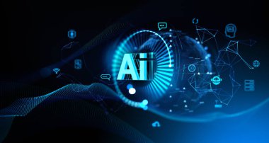 Bilgi işleme simgeleriyle ve soyut bağlantı hatlarıyla parlayan yapay zeka hologramı, sohbet robotları sohbeti. Yapay zeka ve makine öğrenme kavramı. 3B resimleme