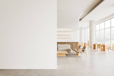 Kanepesi ve koltukları olan şık bir kafe, rafı olan bar adası ve sıra sıra yemek masaları. Kırsal kesimde panoramik pencereli rahat bir yemek odası. Model boş duvar bölmesi. 3B görüntüleme
