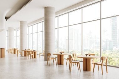 Şehir manzarasına bakan geniş pencereli ahşap masa ve sandalyeli modern kafe tasarımı, minimalist tasarım, 3D.