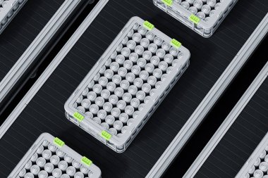 Lityum batarya modülleri gri ölçekli, çapraz konumlandırılmış, endüstriyel otomasyon konsepti, 3D.