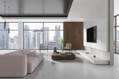 Kanepe, kahve masası, televizyon ekranı ve dekorasyonu olan modern bir oturma odası. Bangkok gökdelenlerinin panoramik penceresinin yanında iki koltuk. 3B görüntüleme
