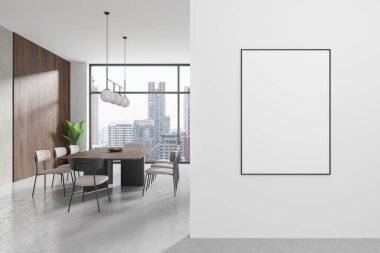 Modern bir iç mekan, büyük pencereler, şehir manzarası ve duvarında boş bir poster. 3B Hazırlama