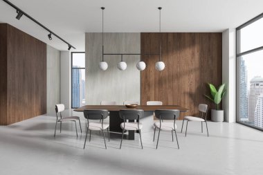 Ahşap masa, sandalyeler, kolye ışıkları, şehir manzaralı arka plan, ev tasarımı konsepti olan modern bir yemek odası. 3B Hazırlama