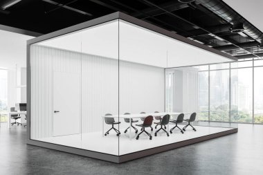 Ofis manzarası, cam konferans odası, masa, koltuklar ve bilgisayar eşzamanlı çalışma alanı. Görünmez kapılı toplantı kutusu. Gökdelenlerin panoramik penceresi. 3B görüntüleme