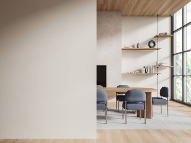 Boş duvarı, ahşap mobilyaları ve doğa manzaralı geniş pencereli modern bir ev tasarımı, minimalist tasarım konsepti, 3D