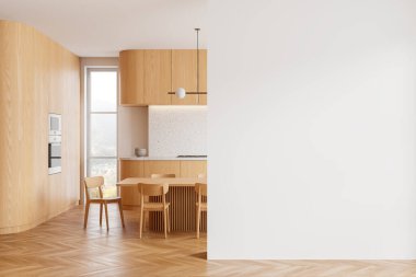 Ahşap kaplamalı modern mutfak ve modeller için boş beyaz duvar, hafif arka plan, iç tasarım konsepti. 3B Hazırlama