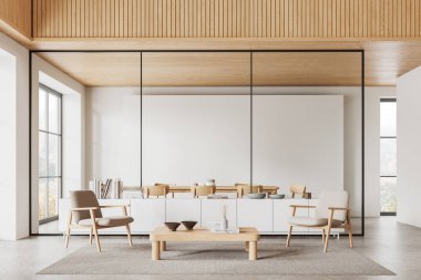 Şık bir ev oturma odası koltukları ve büfeleri, dekorasyonlu kahve masası. Cam bölmenin arkasında yemek masası ve sandalyeler. Kırsal kesimde panoramik pencere. 3B görüntüleme