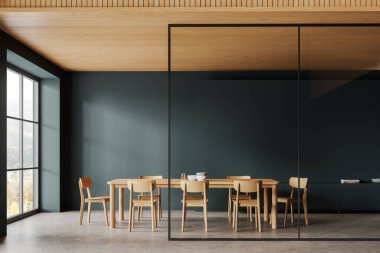 Yeşil oturma odası, yemek masası, beton zeminde ahşap sandalyeler. Şık bir toplantı ya da yemek odası, cam bölmeli, kırsal alanda panoramik pencere. 3B görüntüleme