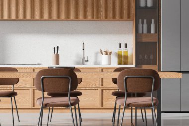 Konforlu mutfak masası sandalyeler, mutfak gereçleri ve beyaz ahşap mutfak dolabı. Modern bir dairede yemek yiyoruz. 3B görüntüleme