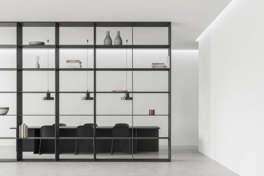 Beyaz lüks oturma odası. Yemek masası, siyah sandalyeler, beton zemin. Yemek odası ya da toplantı odası, minimalist dekorasyon ve koridorlarla dolu raflar. 3B görüntüleme