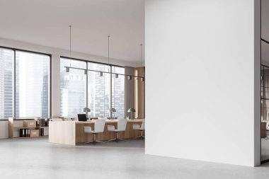 Corner view of conference interior with chairs and board, concrete floor. Meeting space with laptop, sideboard and panoramic window on skyscrapers. Mockup empty wall partition. 3D rendering clipart