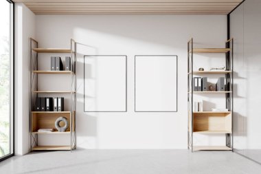 Rafları, klasörleri ve dekorasyonu olan minimalist bir iç mekan. Panoramik pencereli kurumsal ofis tasarımı. İki tane boş tuval posteri. 3B görüntüleme