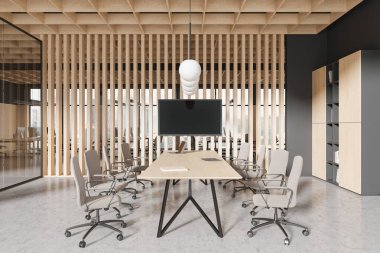 Toplantı odası alanı olan modern ofis, televizyon ekranı ve rafı olan masa ve sandalyeler. Bilgisayarlarla ortak çalışma alanı. Kuala Lumpur gökdelenlerinin panoramik penceresi. 3B görüntüleme