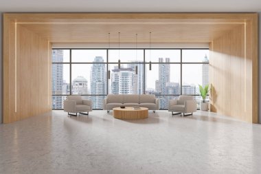 Ahşap duvarları ve mobilyaları olan modern ofis içi, şehir binalarının geniş pencereli manzarası, ışık tasarım konsepti. 3B Hazırlama