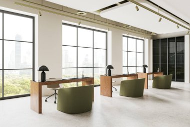 Manikür salonunun köşesinde masa, koltuk ve beton zemin var. Bangkok gökdelenlerinde minimalist mobilyaları ve panoramik pencereleri olan bir güzellik stüdyosu. 3B görüntüleme