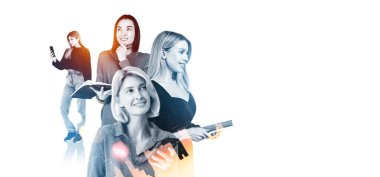 Dört kadın silueti gülümsüyor ve cihazlar kullanıyor, boş kopya alanı beyaz arkaplan. Takım çalışması ve iş bağlantısı. Ağ kavramı, işbirliği ve sanal toplantı