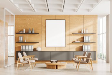 Koltuklu modern iş odası, evraklı kahve masası ve dekorasyonlu. Ahşap duvarda bir tuval posteri var. Gökdelenlerin toplantı alanı ve panoramik penceresi. 3B görüntüleme