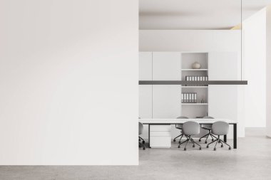 Boş bir duvar, beyaz ofis mobilyaları ve beyaz arka planda rafları olan, profesyonel çalışma alanı kavramına sahip modern bir ofis. 3B Hazırlama