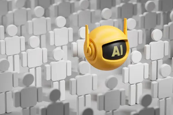 白人の列は立って 黄色いAiボットが群衆の上を飛んでいる ロボットの概念は人間 人工知能 Hrに取って代わる 3Dレンダリングイラスト — ストック写真