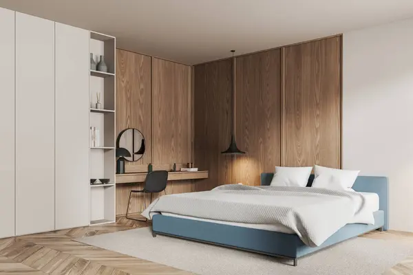 Corner view of home bedroom interior bed and beauty table with chair, shelves and mirror. Wooden sleep or relax room in minimalist apartment with hardwood floor. 3D rendering