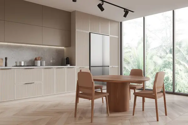 Modern Kitchen Interior Wooden Furniture Large Windows Overlooking Greenery Minimalist — Stock Photo, Image