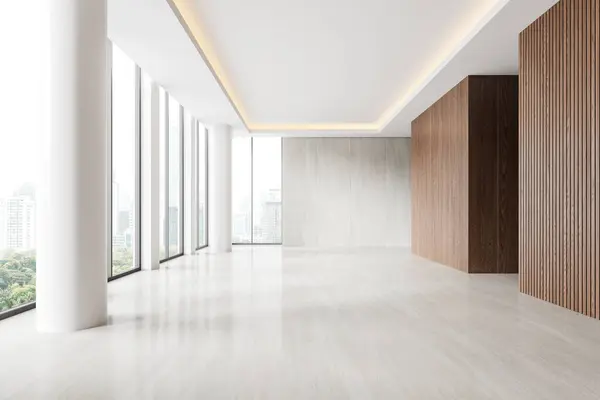 Open Space Empty Studio Interior Concrete Floor Columns Panoramic Window — Stock Photo, Image