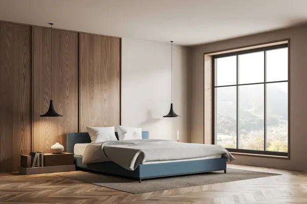 Corner view of hotel bedroom interior with bed and nightstand with decoration, hardwood floor. Sleeping room in stylish studio apartment with panoramic window. 3D rendering