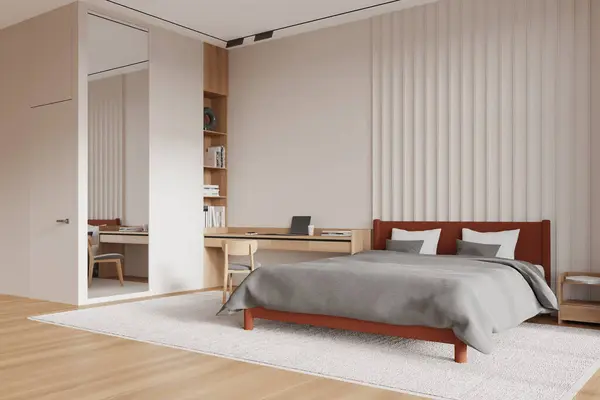 Hjørne Stilfuldt Soveværelse Med Beige Vægge Trægulv Komfortabel King Size Stock-billede