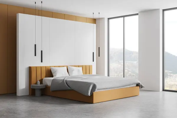 Moderne Slaapkamer Interieur Met Een Groot Bed Panoramische Ramen Een Stockfoto