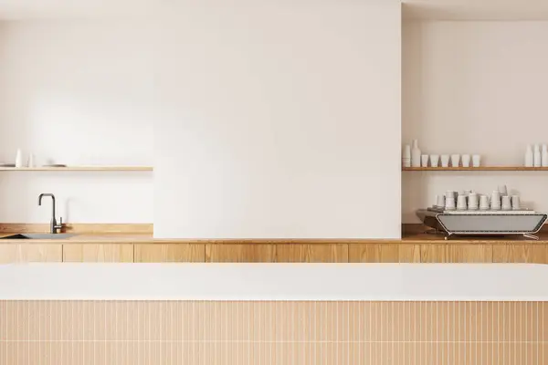 Witte Cafetaria Interieur Met Bar Teller Keukenkastje Met Wastafel Koffiezetapparaat Stockfoto