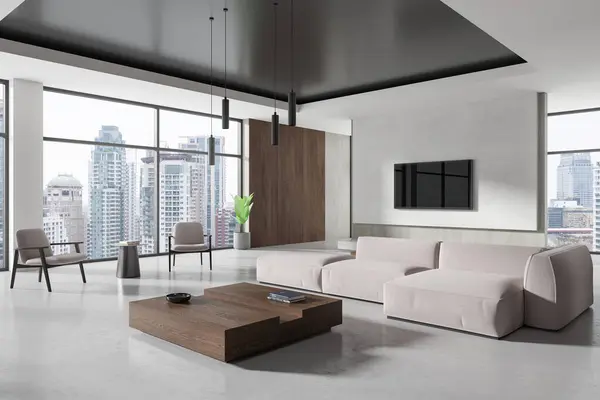 Hjørne Udsigt Hjemmet Stue Interiør Med Sofa Lænestole Display Sofabord Royaltyfrie stock-fotos
