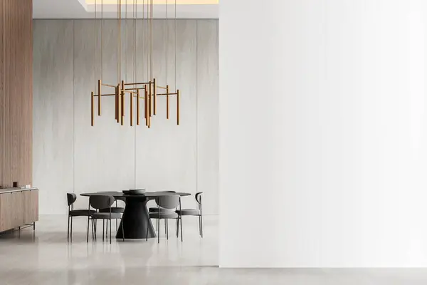 Moderne Spisestue Interiør Med Stilfulde Møbler Vedhæng Lys Tom Væg Stock-billede