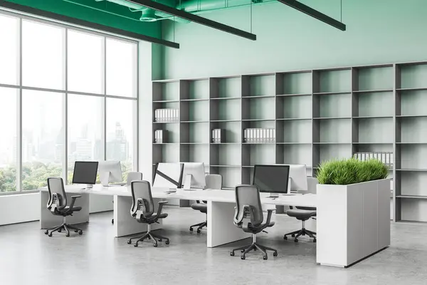 Rohový Pohled Zelený Interiér Kanceláře Počítači Sdíleném Stole Spolupracující Prostor Stock Snímky