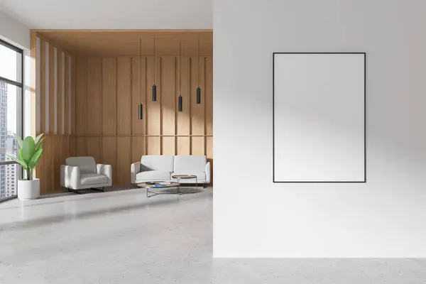 白色和木制的办公室内部有放松的位置和咖啡桌 放置在水泥地板上 摩天大楼上的全景窗户 在隔板上装饰帆布海报 3D渲染 免版税图库照片