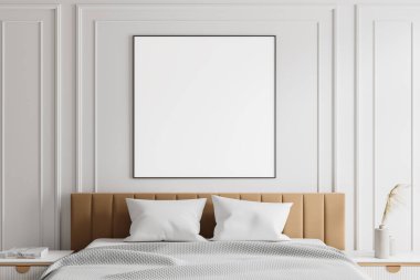 Klasik lüks otel odası iç yatak odası ve süslemeli komodin. Minimalist, rahat bir uyku odası. Kare branda posterini döşeme duvarına asmış. 3B görüntüleme
