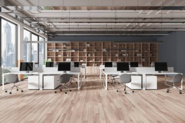 Modern bir ofis, masalar, bilgisayarlar, sandalyeler ve geniş pencerelerden şehir manzaralı, çağdaş bir tasarım. 3B Hazırlama