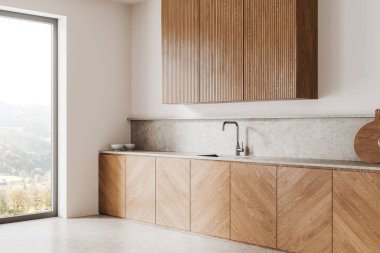 Ev mutfağının iç manzarası lavabo, mutfak malzemeleri ve beton zemin. Kırsal kesimde panoramik penceresi olan modern bir dairede yemek pişirme alanı. 3B görüntüleme