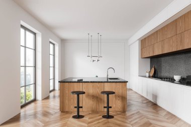 Bar adası, sandalyeler, ahşap dolap ve mutfak gereçleri olan lüks bir mutfak. Bangkok gökdelenlerinde panoramik pencereli yemek ve yemek alanı. 3B görüntüleme