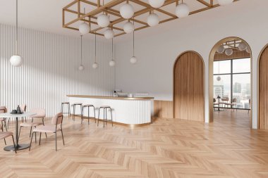 Kafe manzarası, yemek masaları ve bar adası, ahşap zemin kemerli kapı. Bilgisayarı ve kahve makinesi olan nakit masası. Kuala Lumpur gökdelenlerinin panoramik penceresi. 3B görüntüleme