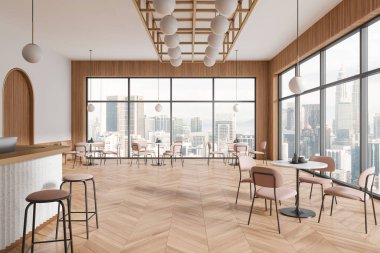 PC bilgisayarı, yemek masaları ve ahşap zemininde sandalyeleri olan bir kafeterya. Kuala Lumpur gökdelenlerinin panoramik penceresi. 3B görüntüleme