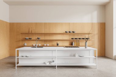 Beyaz bar adasıyla ahşap ev mutfağı, lavabo ve soba, raflarda tabak ve mutfak gereçleri. Beton zemindeki modern dairede minimalist yemek pişirme alanı. 3B görüntüleme