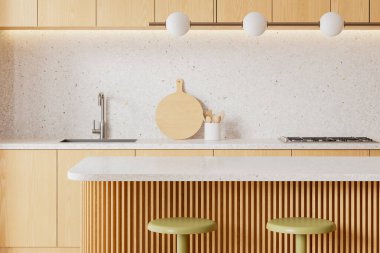 Ahşap mutfak içi tezgahı, taburesi ve mutfak dolabı lavabo, soba ve mutfak gereçleriyle dolu. Lüks dairede minimalist yemek alanı. 3B görüntüleme