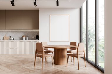 Bej duvarlı şık mutfak, ahşap zemin, rahat bej dolaplar ve panoramik pencerenin yanında duran sandalyeli yuvarlak yemek masası. Dikey model poster çerçevesi. 3d oluşturma