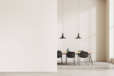 Minimalist oturma odasının içinde yemek masası, halı üzerinde sandalyeler ve beton zemin var. Şık bir toplantı ya da yemek alanı. Boş duvar bölmesini düzenle. 3B görüntüleme