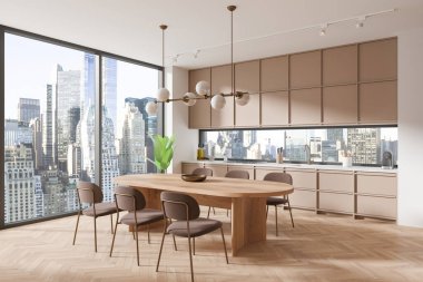 Beyaz duvarlı şık mutfak köşesi, şehir manzaralı panoramik pencere, ahşap zemin, kahverengi sandalyeli uzun yemek masası, bej dolaplar ve dolaplar. 3d oluşturma