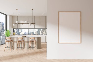 Bar tezgahı ve sandalyeleri olan lüks bir ev mutfağı. New York gökdelenlerinde dolap ve panoramik pencereli yemek pişirme alanı. Duvar bölmesindeki tuval posterini taklit et. 3B görüntüleme